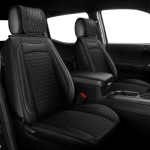 Seat Covers Front Set for Toyota Tacoma Custom Fit 2009-2023 TRD Sport Off-Road TRD Pro Limited SR SR5 Package Access Double Extended Cab Pickup Truck Leather Seat Cover (2 Pcs Front Set, Black)