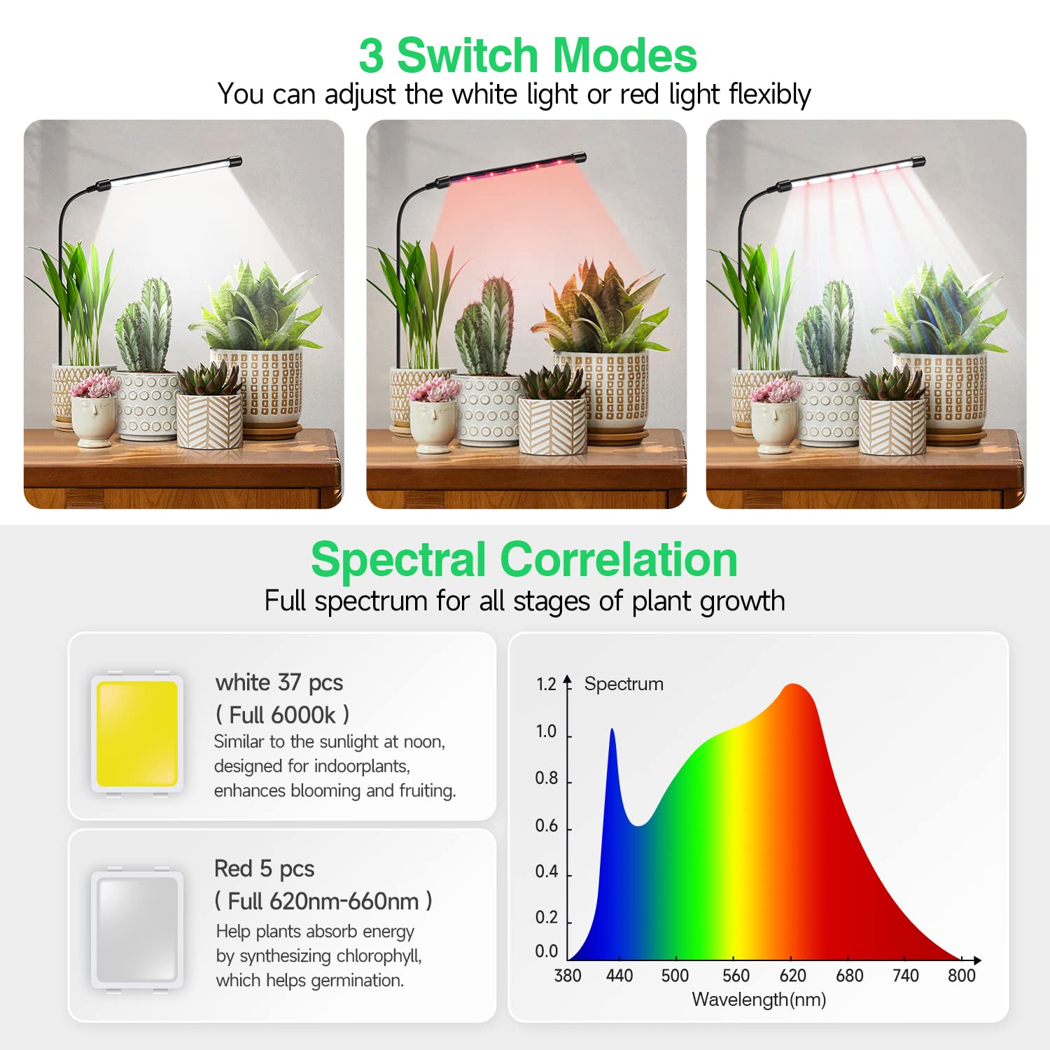 bseah Grow Light Plant Light for Indoor Plants Growing, 6000K Full Spectrum Plant Grow Light for Seedings Succulents Small Plants, Auto On/Off Timing & 10 Dimming