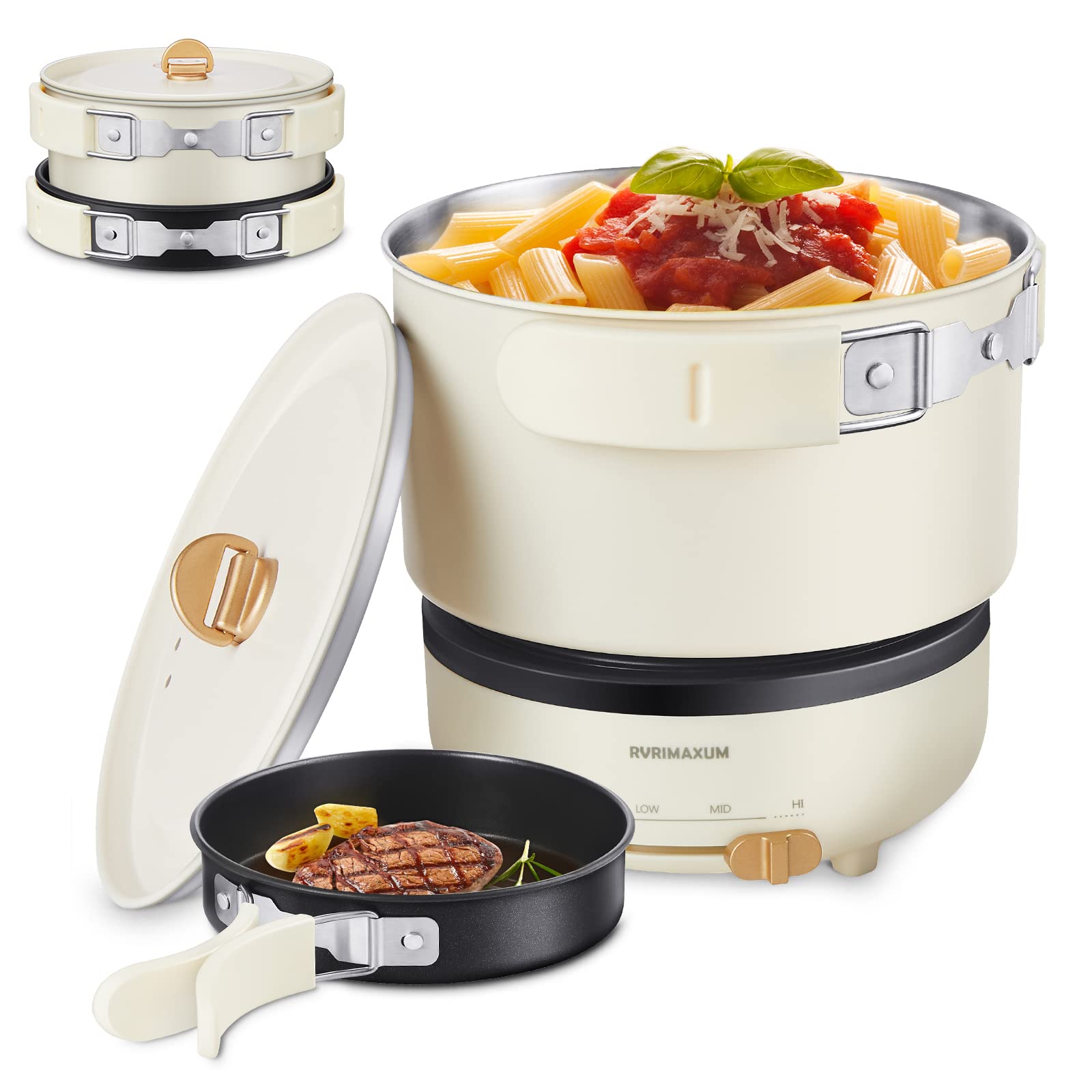 Rvrimaxum 1.2L Portable Hot Pot Electric with Foldable Handles, Non-stick Sauté Pan, Mini Ramen Noodle Cooker for Pasta, Oatmeal, Soup,Steak with Power Adjustment, Warm White