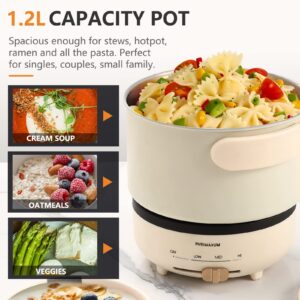 Rvrimaxum 1.2L Portable Hot Pot Electric with Foldable Handles, Non-stick Sauté Pan, Mini Ramen Noodle Cooker for Pasta, Oatmeal, Soup,Steak with Power Adjustment, Warm White