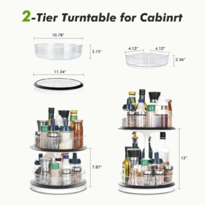 aceyoon 2 Tier Lazy Susan Organizer Spice Racks, 11'' Turntable Cabinet Organizer Height Adjustable with 3 Divided Bins for Kitchen Pantry Bathroom Makeup Organizing Container(Clear)