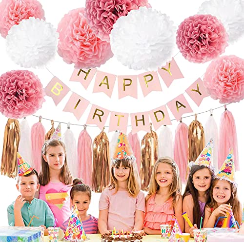 Pink Gold Birthday Party Decorations Set, pink Gold Glittery Happy Birthday banner, Tissue Paper Pom, Tassel Garland for Birthday Party Decorations for Man Women Birthday Party Decorations