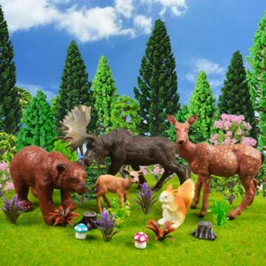 40 pcs woodland animals figures model trees, 5 pcs animal toy figurines and 35 pcs mixed plastic trees forest for woodland cake toppers decorations birthday party supplies