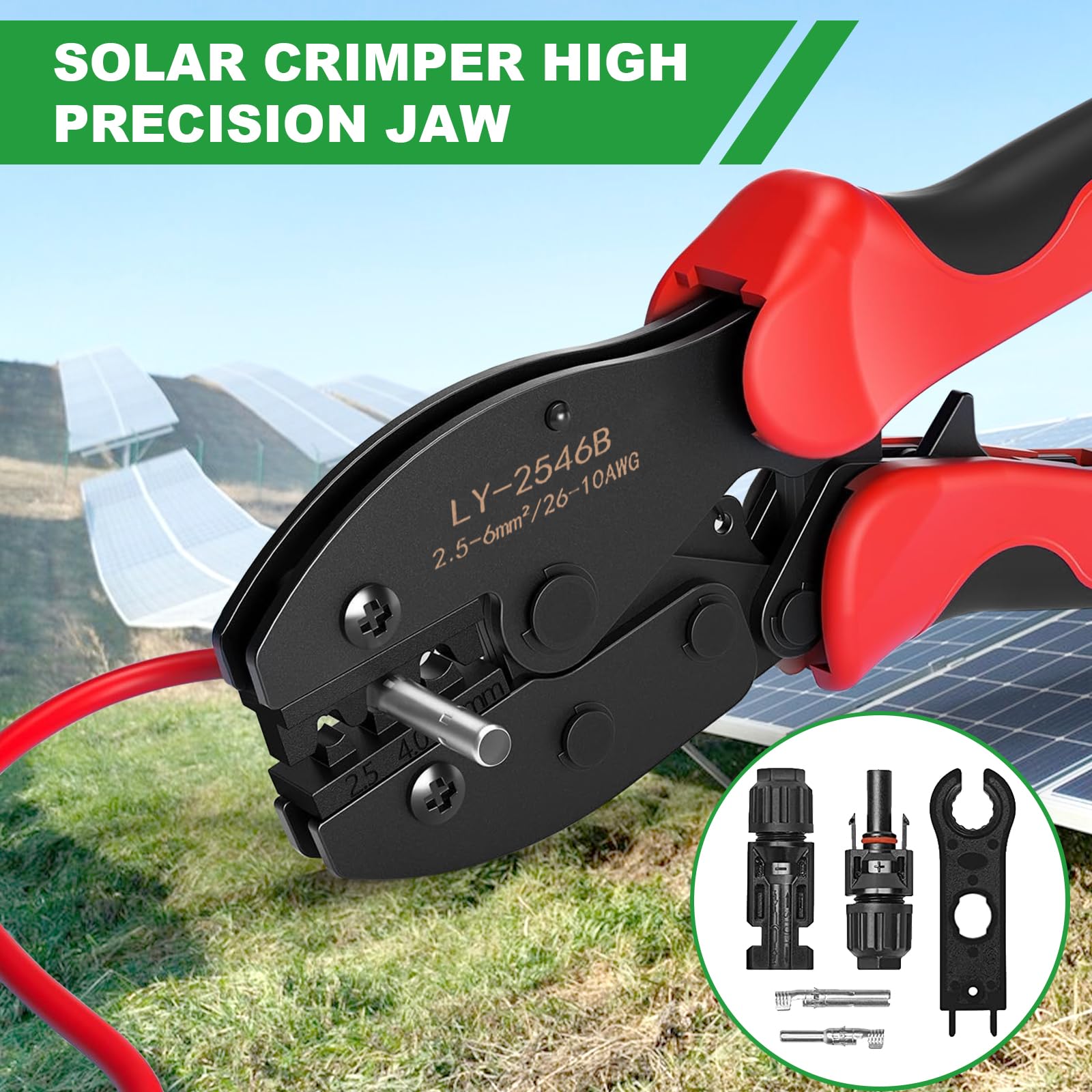 Oududianzi Solar Crimper Tool Kit for Solar Panel Cable Connectors 2.5/4.0/6.0mm², Including 1PCS Solar Crimper + 6 Pairs Solar connectors + 2PCS Spanner Wrench, Solar Wire Crimping Tool for PV Cable