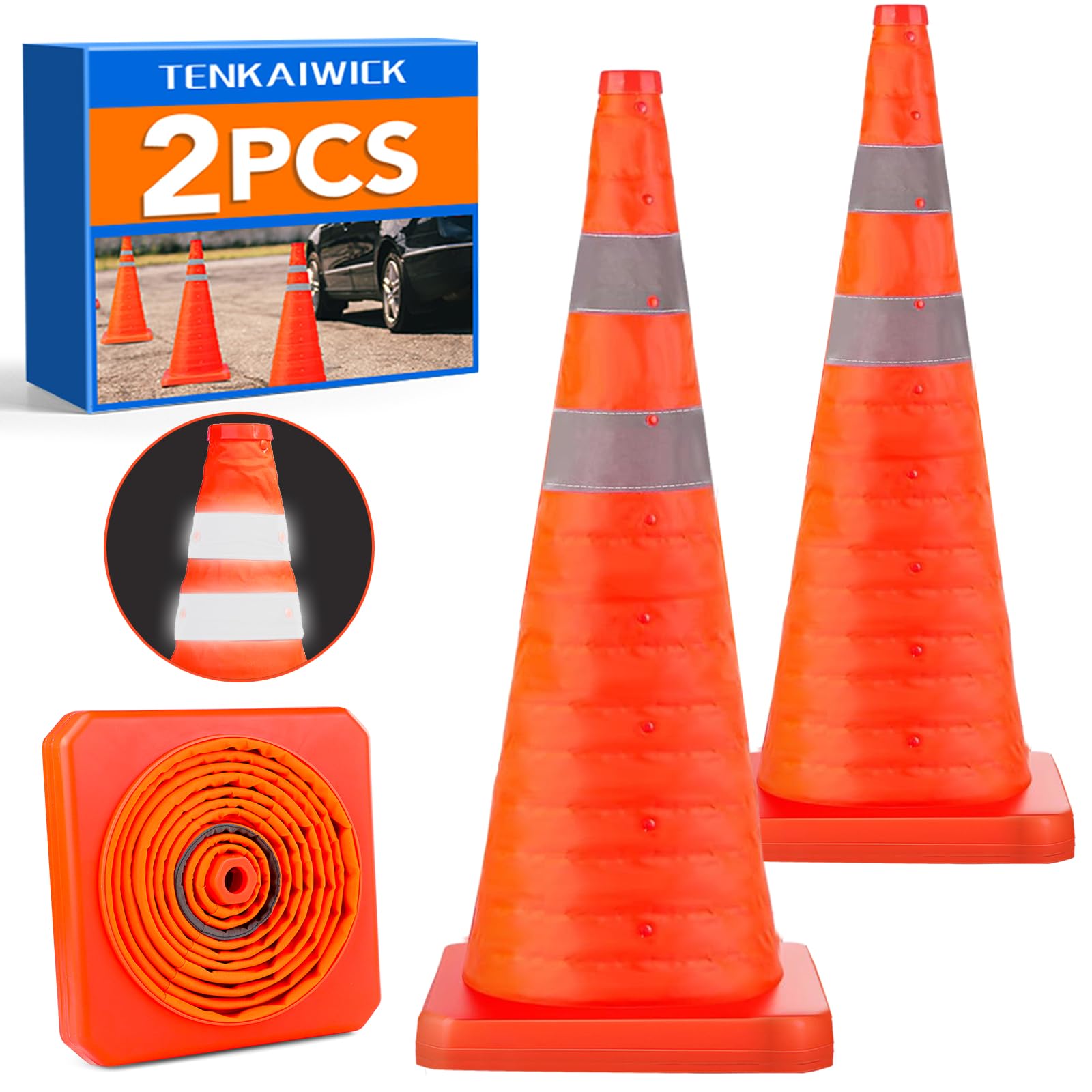 [2 Pack]28 Inch Collapsible Traffic Safety Cones - Parking Cones with Reflective Collars,Orange Safety Cones for Parking lot，Driveway, Driving Training etc.