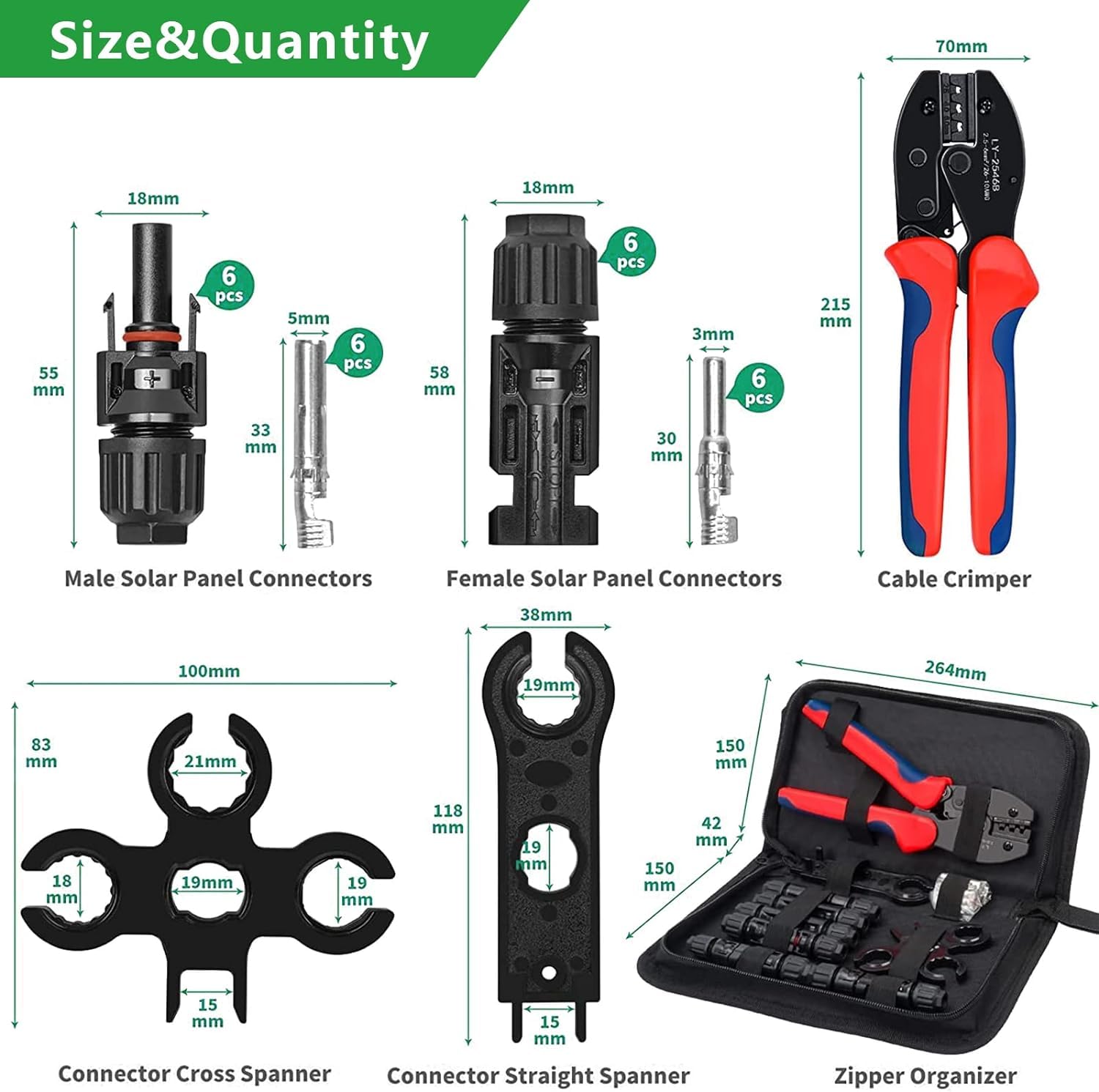 Oududianzi Solar Crimper Tool Kit for Solar Panel Cable Connectors 2.5/4.0/6.0mm², Including 1PCS Solar Crimper + 6 Pairs Solar connectors + 2PCS Spanner Wrench, Solar Wire Crimping Tool for PV Cable