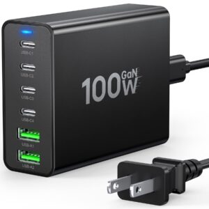 usb c fast charger 100w gan compact usb c charging station 6 port usb type c charging block hub power strip, 4 pd usb c 2 qc usb a wall charger for ipad iphone 15 14 13 12 11 pro max pixel note galaxy