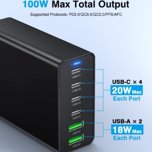 USB C Fast Charger 100W GaN Compact USB C Charging Station 6 Port USB Type C Charging Block Hub Power Strip, 4 PD USB C 2 QC USB A Wall Charger for iPad iPhone 15 14 13 12 11 Pro Max Pixel Note Galaxy