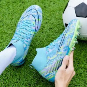 DHOVOR Womens Soccer Cleats Youth Football Cleats High-Top Athletics Football Trainers Outdoor and Indoor Soccer Shoes Womens Blue