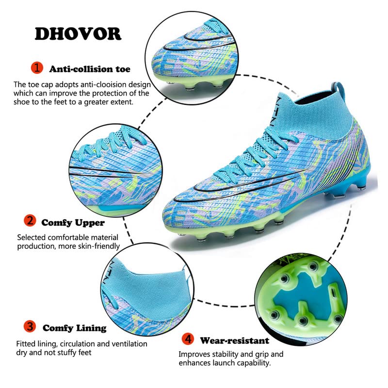 DHOVOR Womens Soccer Cleats Youth Football Cleats High-Top Athletics Football Trainers Outdoor and Indoor Soccer Shoes Womens Blue