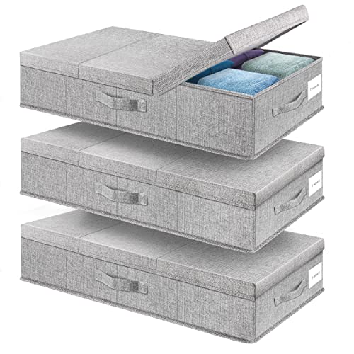 Supowin Underbed Storage Containers 3 Pack, Large Under Bed Storage Bins with Lids, Foldable Sturdy Under the Bed Storage Drawer for Organizing Clothes, Shoes, Blankets, Pillows-Grey