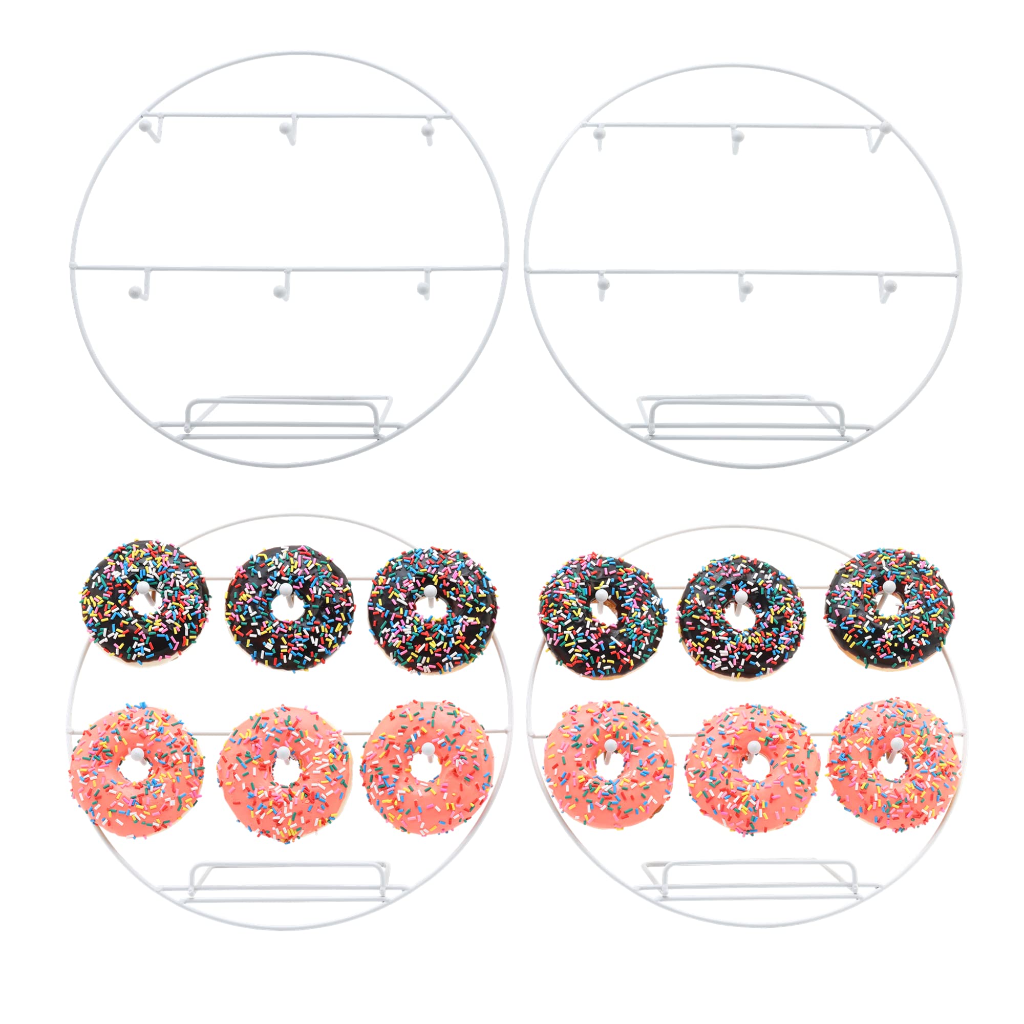 4 Pack Metal Donut Wall Display Stands Set, Reusable Doughnut Bagel Holder White Round Donuts Stand Rack Holds up 10cm 24 Donuts for Dessert Display Table Treat Parties Decorations