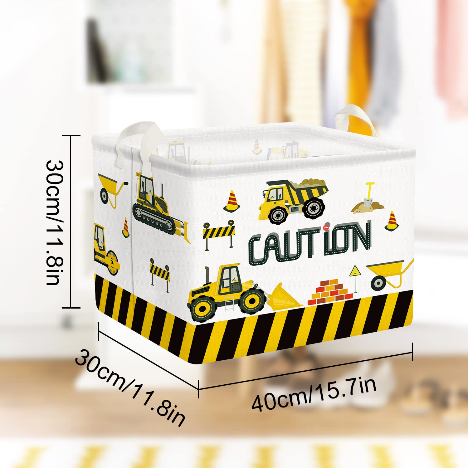 Clastyle Cartoon Construction Cars Shelf Basket for Kids Room Cranes Excavator Bulldozer White Rectangle Clothes Toys Cube Storage Basket, 36L