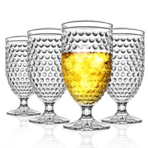 wongblee hobnail glass goblets 16.9 oz, stemmed wine glasses, vintage drinking glasses for water, juice, ice tea, set of 4 (clear)