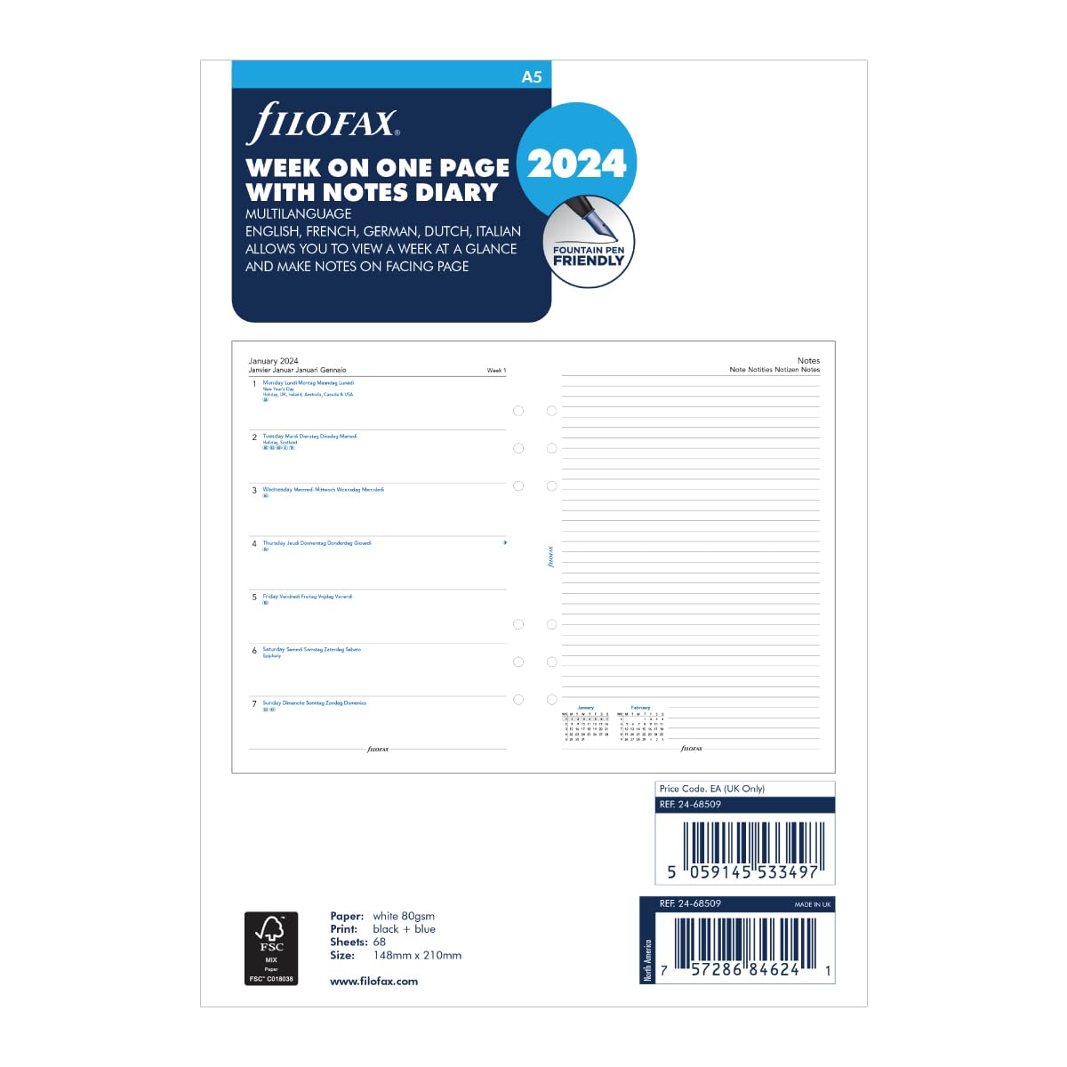 Filofax A5 week on one page with notes 2024 diary