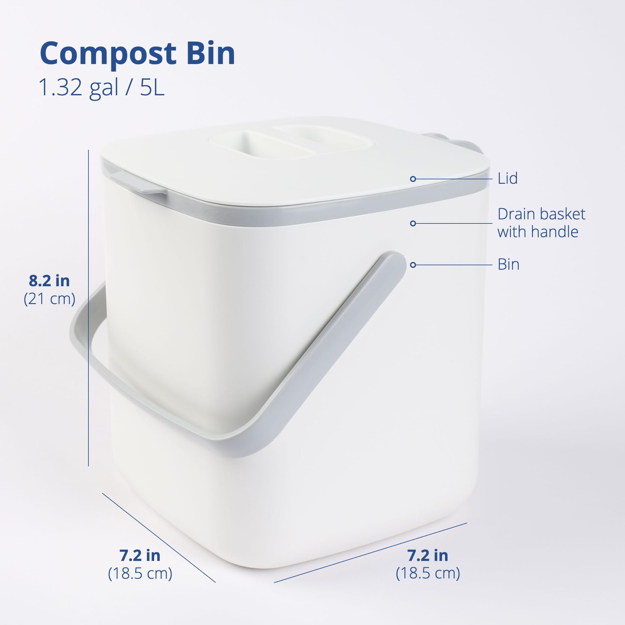 BLUE GINKGO Kitchen Compost Bin - Easy Clean Food Waste Bin for Kitchen with Handles | Countertop Compost Bin Kitchen Food Scrap Pail Bucket | Made in Korea (1.32 gal, 5 L) - White