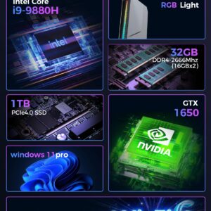 TOPGRO Mini Gaming PC Intel Core i9-9880H / GTX1650 4G, 32GB DDR4, 1TB PCIe4.0 SSD, RGB Lights, WiFi6E/BT5.3/1.0G LAN/2xHDMI/1xUSB-C 4K@60Hz Windows 11 Pro Mini Desktop PC Gaming Computer