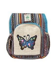 Hemp Backpack | 100% Pure Hemp - All Natural Handmade Multi Pocket Small Laptop Backpack | Travel Backpack - For Women and Men | Laptop Sleeve -Water Bottle Pockets | Boho Hippie - Butterfly