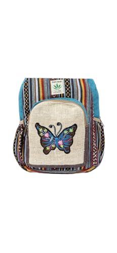 Hemp Backpack | 100% Pure Hemp - All Natural Handmade Multi Pocket Small Laptop Backpack | Travel Backpack - For Women and Men | Laptop Sleeve -Water Bottle Pockets | Boho Hippie - Butterfly