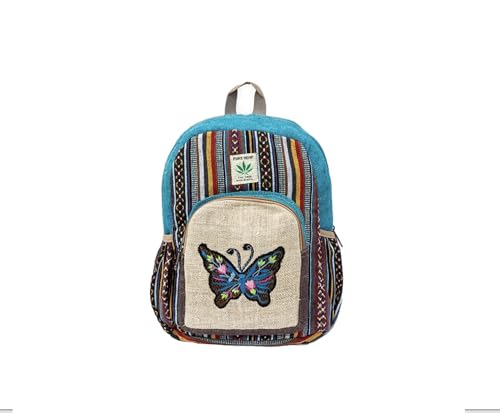 Hemp Backpack | 100% Pure Hemp - All Natural Handmade Multi Pocket Small Laptop Backpack | Travel Backpack - For Women and Men | Laptop Sleeve -Water Bottle Pockets | Boho Hippie - Butterfly