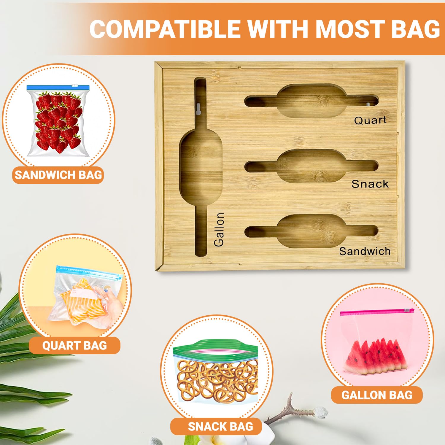SYLAS LIFESTYLE Bamboo ziplock Bag Organizer – Kitchen drawer organizers and storage for Ziplock bags, Sandwich, Gallon, Quart, and Snack Bags included with a Cleaning Brush