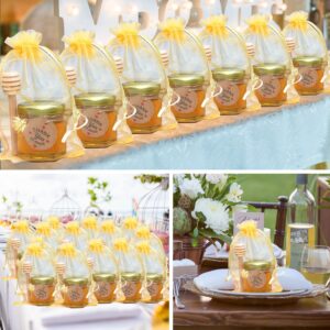 XING-RUIYANG 60 PACK 1.5 oz Mini Glass Honey Jar, Small Hexagonal Honey Jars with Wooden Dipper Gold Lid Bee Charms Gold Gift Bags and Rope for Baby Shower Wedding Party Favors