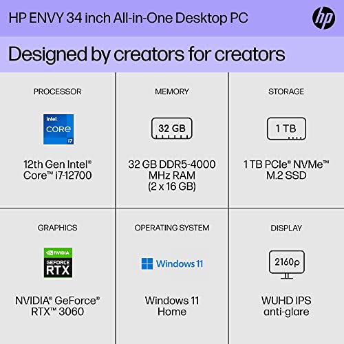 HP Envy 34 inch All-in-One Desktop PC, WUHD Display, 12th Generation Intel Core i7-12700, 32 GB RAM, 1 TB SSD, NVIDIA GeForce RTX 3060 Graphics, Windows 11 Home, 34-c1050 (2023)