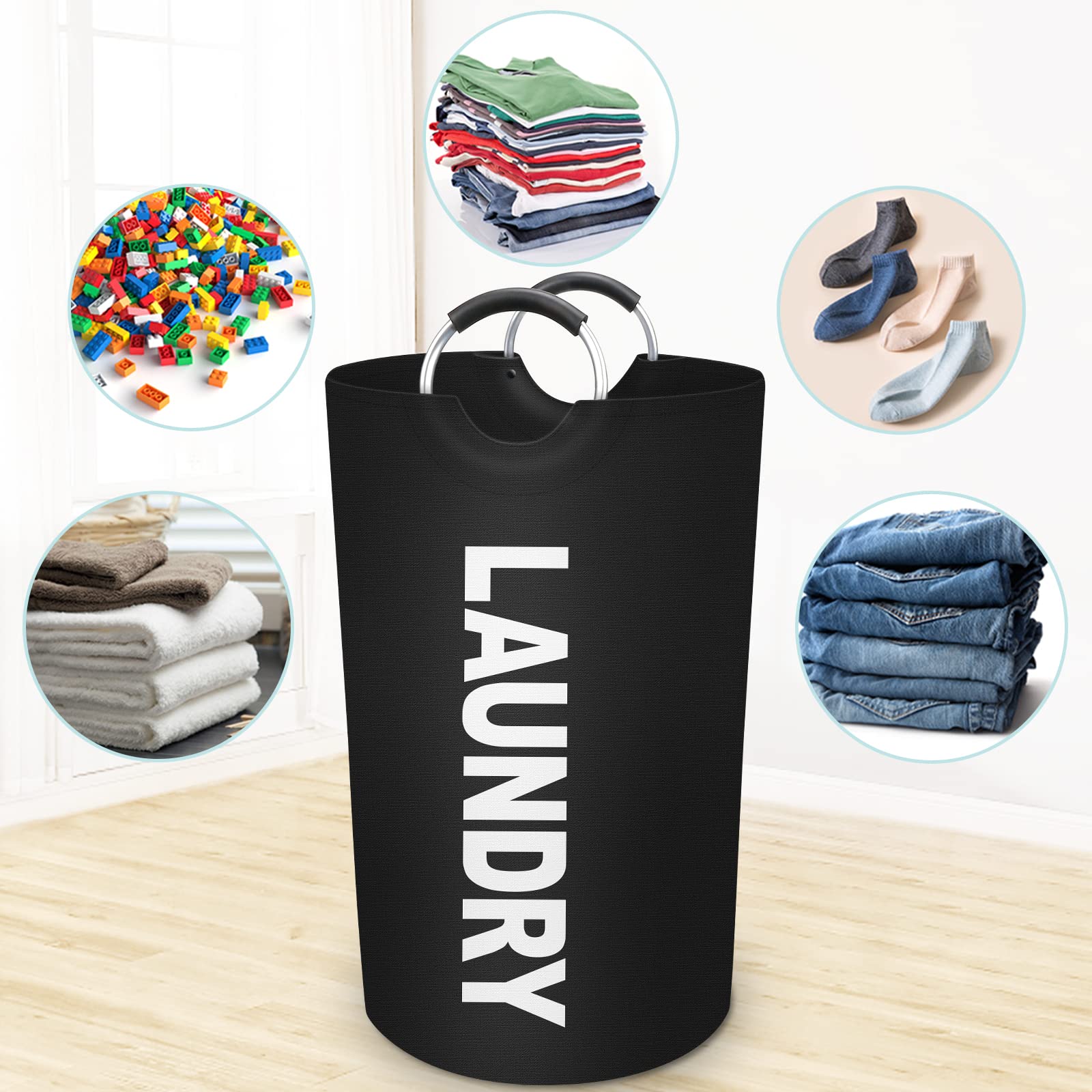 StorageRight 90L Large Laundry Basket, Laundry Hamper, Dirty Clothes Hamper for Laundry, Collapsible, Waterproof Laundry Baskets with Foam Protected Aluminum Handles for Laundry, Dorm, Family (Black)