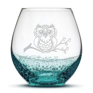 integrity bottles resting owl design stemless wine glass, handmade, handblown, hand etched gifts, sand carved, 18oz (bubble teal)