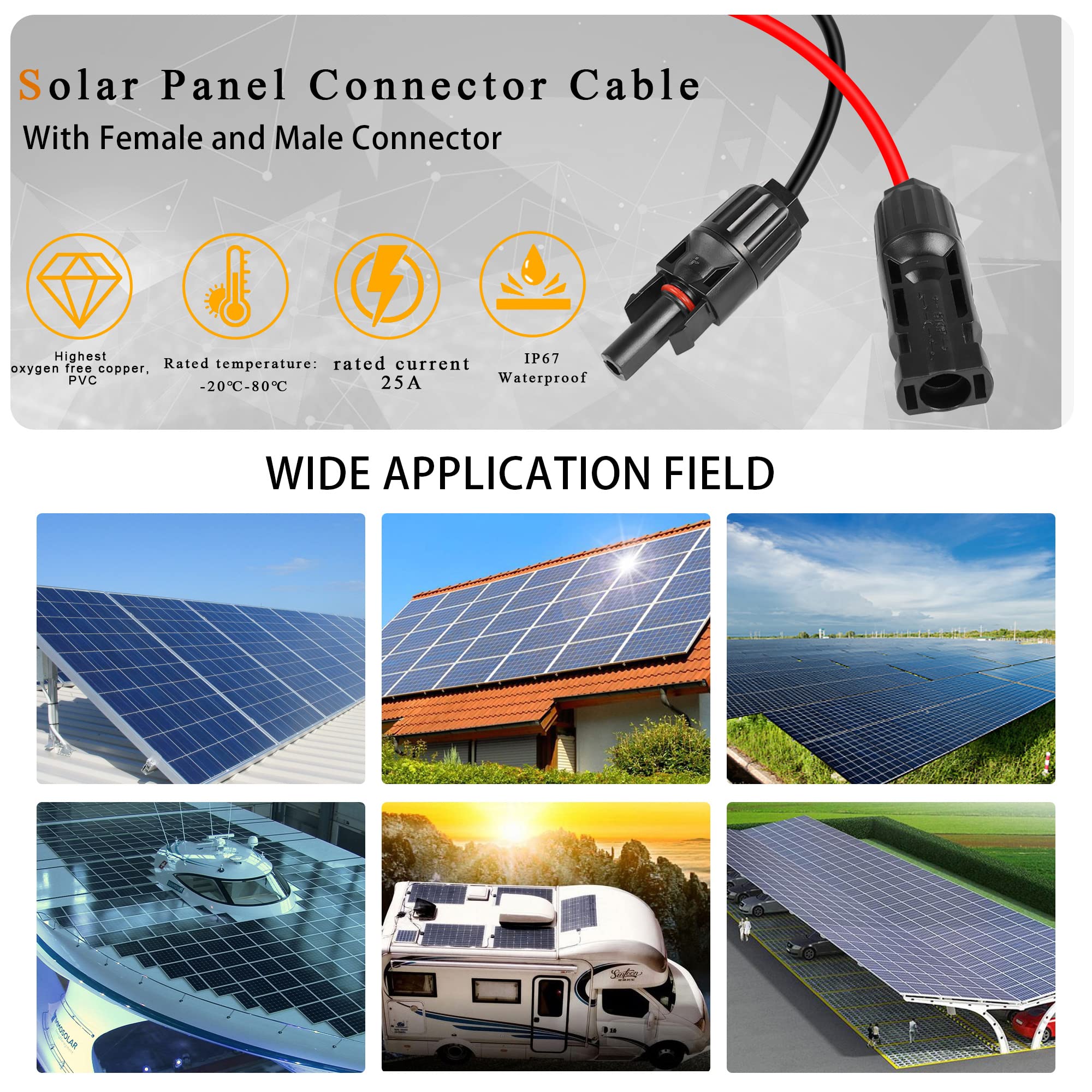 QIANRENON Solar Panel Connector Cable 12AWG Solar Panel Connector to Battery Clip Extension Cable Alligator Clip to Male & Female Solar Connectors Cable with 25A Fuse 1.5m/4.9ft