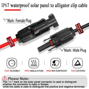 QIANRENON Solar Panel Connector Cable 12AWG Solar Panel Connector to Battery Clip Extension Cable Alligator Clip to Male & Female Solar Connectors Cable with 25A Fuse 1.5m/4.9ft