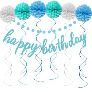 aonor happy birthday decorations - glittery blue happy birthday banner sign, pom poms flowers, glittery circle dots garland and hanging swirls for bluey birthday party decorations