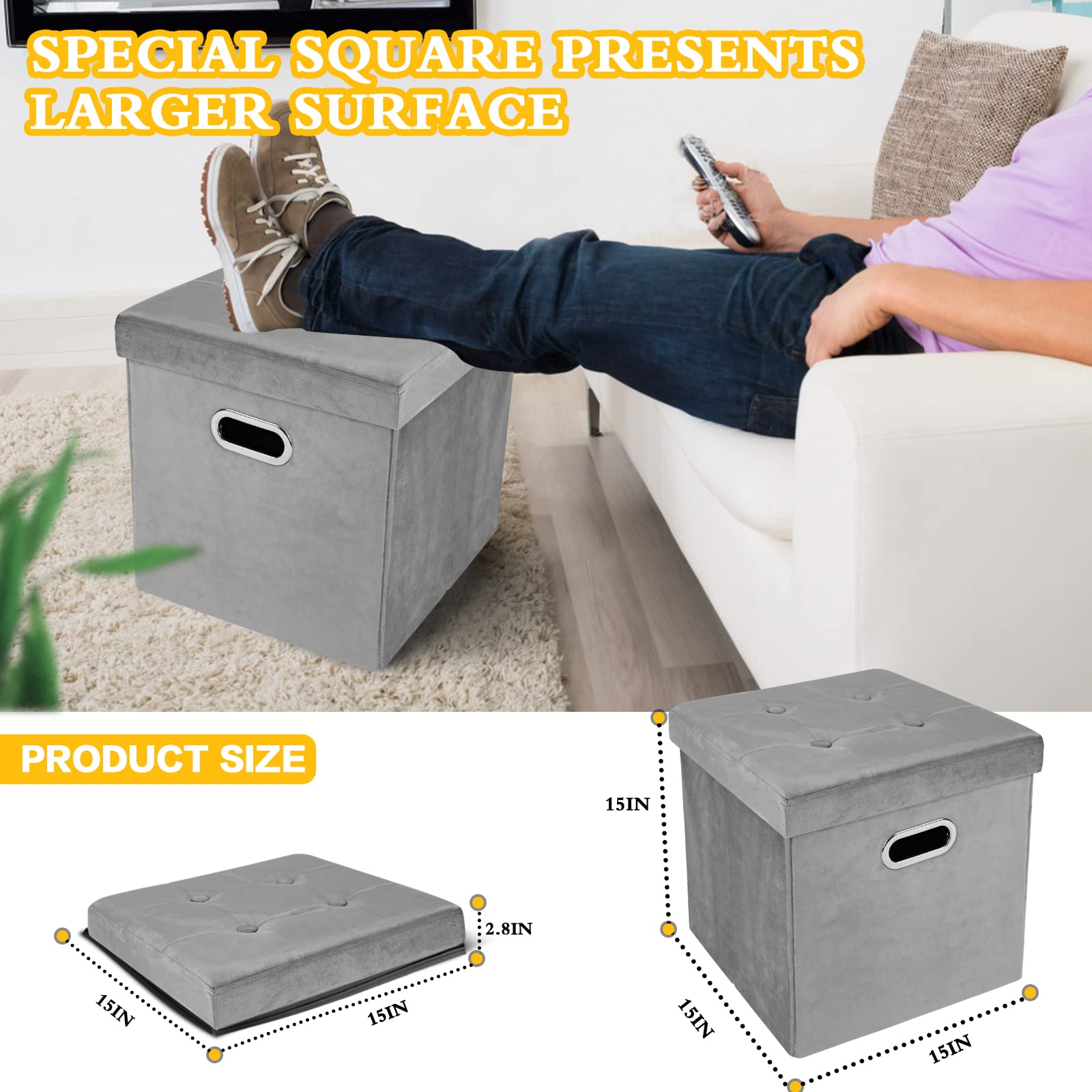 ACEHOME Storage Ottoman Cube, Velvet Button Tufted Ottoman with Storage, Folding Square Storage Ottoman with Tray, Cube Ottoman Storage with Handles, Small Footstool Rest Padded Seat, Grey, 2PC