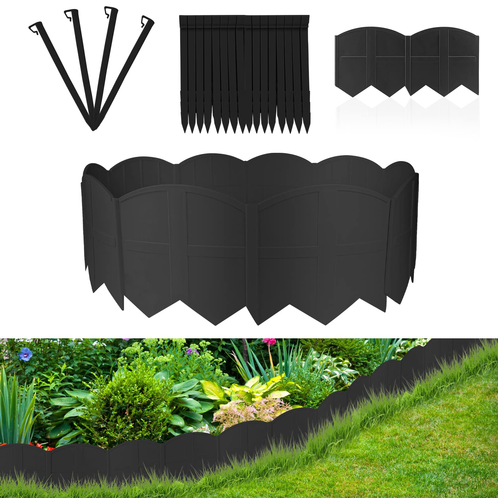 20PCS Garden Edging Border No Dig Landscape Edging Lawn Garden Fence Edgings Decorative Landscape Border 20Ft Landscaping Edging with 20 Stakes for Lawn Garden Flower Bed,The Yard,Lawn Edging（Black