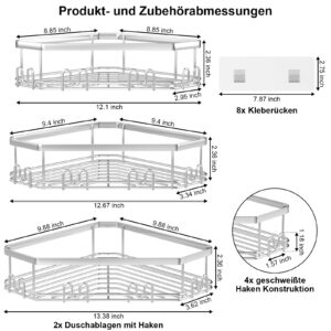 STEUGO Corner Shower Caddy, Shower Organizer Corner Shower Shelf with 12 Hooks,3-Pack Adhesive Stainless Steel Shower Shelves for Bathroom Storage，No Drilling Wall Mounted Shower Rack (Silver)