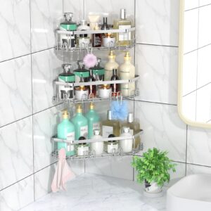 STEUGO Corner Shower Caddy, Shower Organizer Corner Shower Shelf with 12 Hooks,3-Pack Adhesive Stainless Steel Shower Shelves for Bathroom Storage，No Drilling Wall Mounted Shower Rack (Silver)