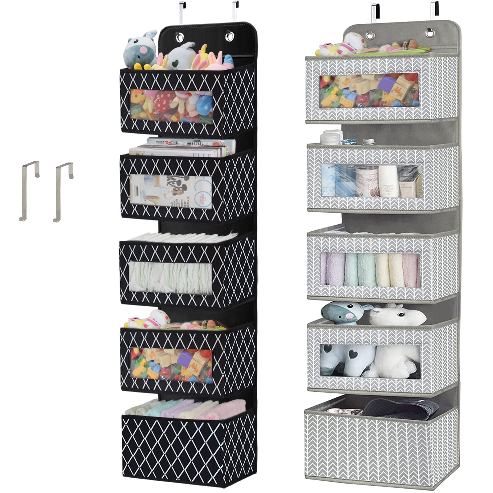 2 Pack Over the Door Hanging Organizer with 5 Large Pockets - Wall Mount Pantry Storage with Clear PVC Window & 2 Big Metal Hooks for Closet,Bathroom,Nursery,Bedroom,Dorm,Baby Diapers,Kids Toys