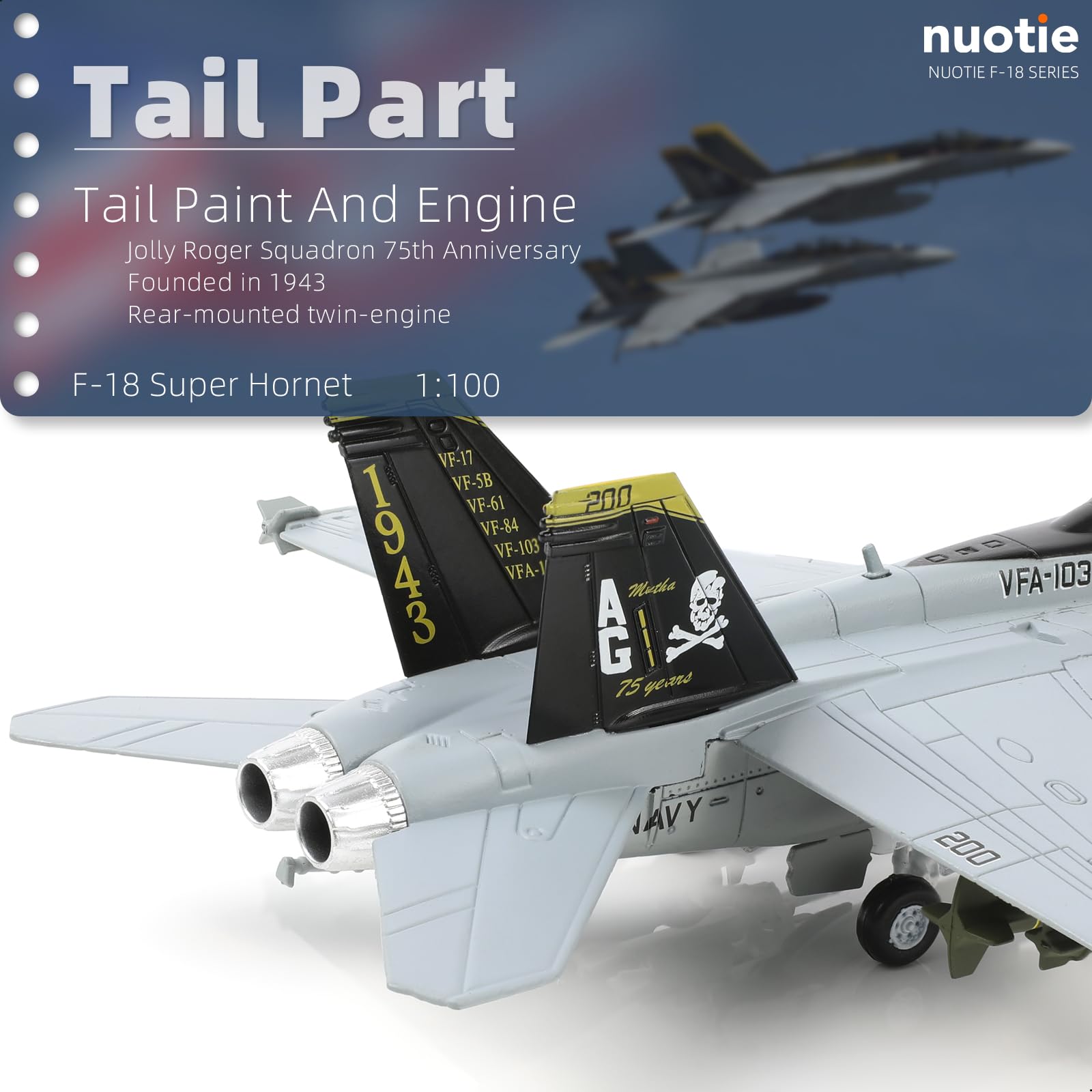 NUOTIE 1/100 F/A-18 Super Hornet Diecast Metal Fighter Jet Model Kits Pre-Build Replica 1943-2018 Jolly Roger Livery Military for Display Collection or Gift