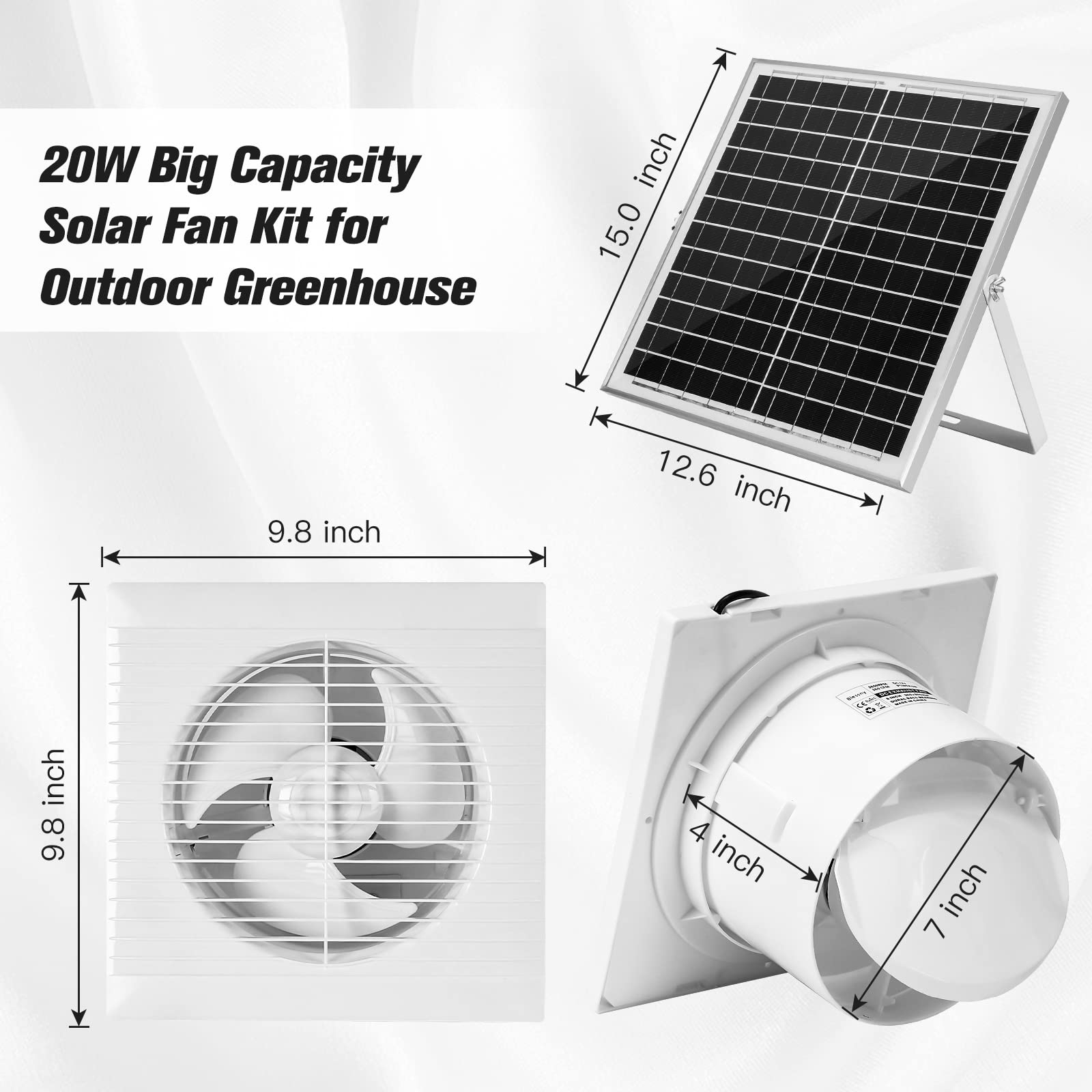 blessny Solar Powered Exhaust fan, 20W Solar Panel + 8" High Speed Ventilation Vent Fan for Outside Greenhouse, Chicken Coop, Shed, Pet House, Attic