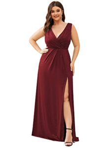 ever-pretty women's sexy backless pleated split empire waist plus size evening dresses burgundy us16