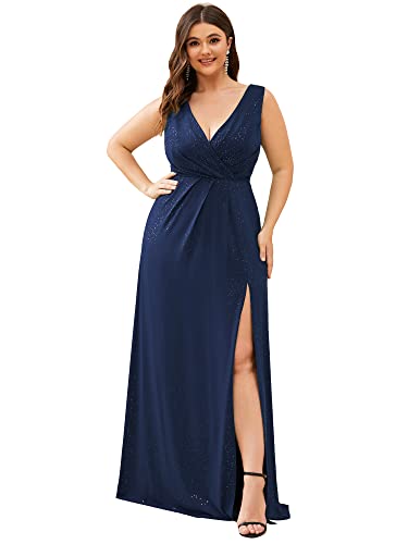 Ever-Pretty Women's Sexy Backless Pleated Split Empire Waist Plus Size Evening Dresses Navy Blue US16