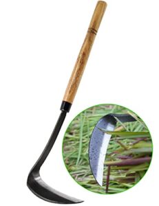 japanese weeding sickle hoe, 17" gardening hand weeder nejiri kama blade tool digging and cutting weed remover, high-carbon steel one-piece molding with hard wood handle, very sharp edge quick work