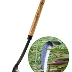 Japanese Weeding Sickle Hoe, 17" Gardening Hand Weeder Nejiri Kama Blade Tool Digging and Cutting Weed Remover, High-Carbon Steel One-Piece Molding with Hard Wood Handle, Very Sharp Edge Quick Work