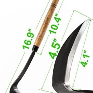 Japanese Weeding Sickle Hoe, 17" Gardening Hand Weeder Nejiri Kama Blade Tool Digging and Cutting Weed Remover, High-Carbon Steel One-Piece Molding with Hard Wood Handle, Very Sharp Edge Quick Work