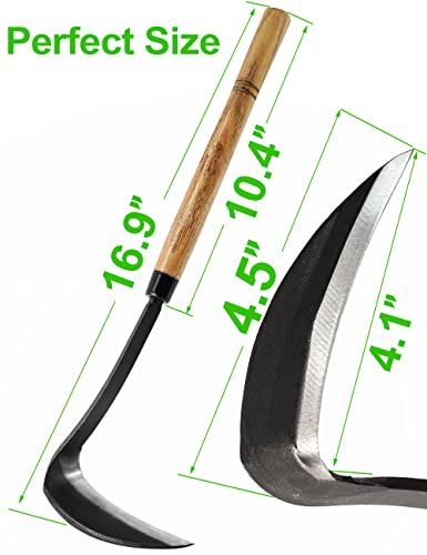 Japanese Weeding Sickle Hoe, 17" Gardening Hand Weeder Nejiri Kama Blade Tool Digging and Cutting Weed Remover, High-Carbon Steel One-Piece Molding with Hard Wood Handle, Very Sharp Edge Quick Work