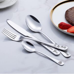 custom engraved cutlery,customized tableware set with gift box, personalized lettering name fork/knife/spoon stainless steel cutlery, customized gifts for mama nana papa. (silver)