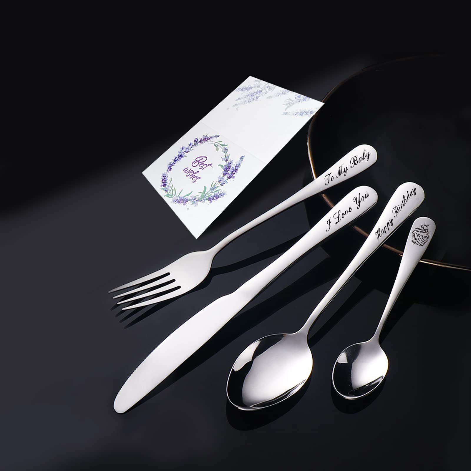 Custom Engraved Cutlery,Customized Tableware Set With Gift box, Personalized Lettering Name Fork/Knife/Spoon Stainless Steel Cutlery, Customized Gifts For Mama Nana Papa. (Silver)