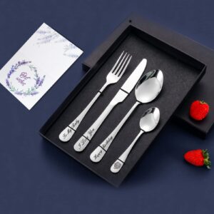 Custom Engraved Cutlery,Customized Tableware Set With Gift box, Personalized Lettering Name Fork/Knife/Spoon Stainless Steel Cutlery, Customized Gifts For Mama Nana Papa. (Silver)