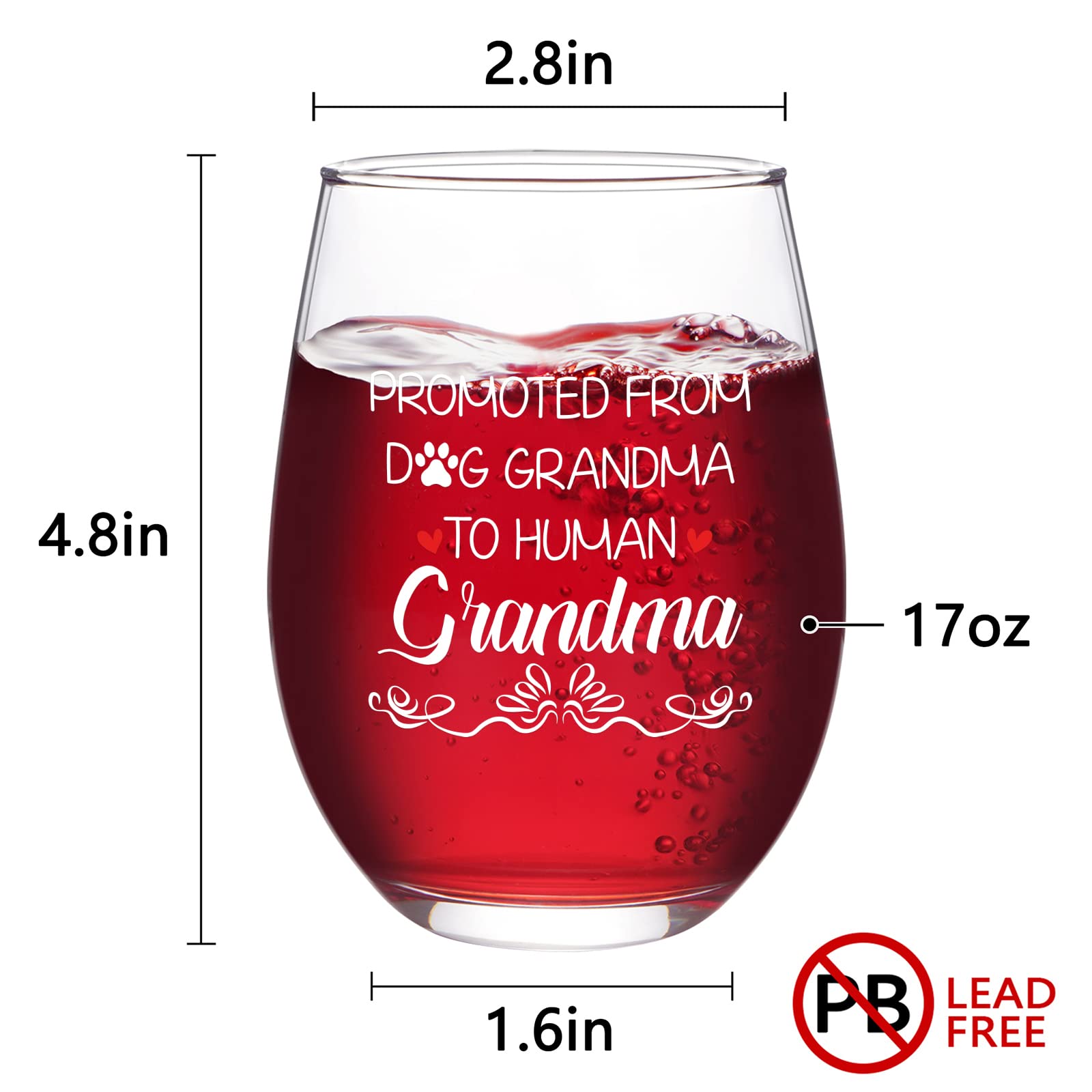 Modwnfy Grandma Gifts, Promoted from Dog Grandma to Human Grandma Stemless Wine Glass, Mothers Day Gifts Birthday Grandma Christmas Gifts for Grandma New Grandma Future Grandma First Time Grandma 17Oz