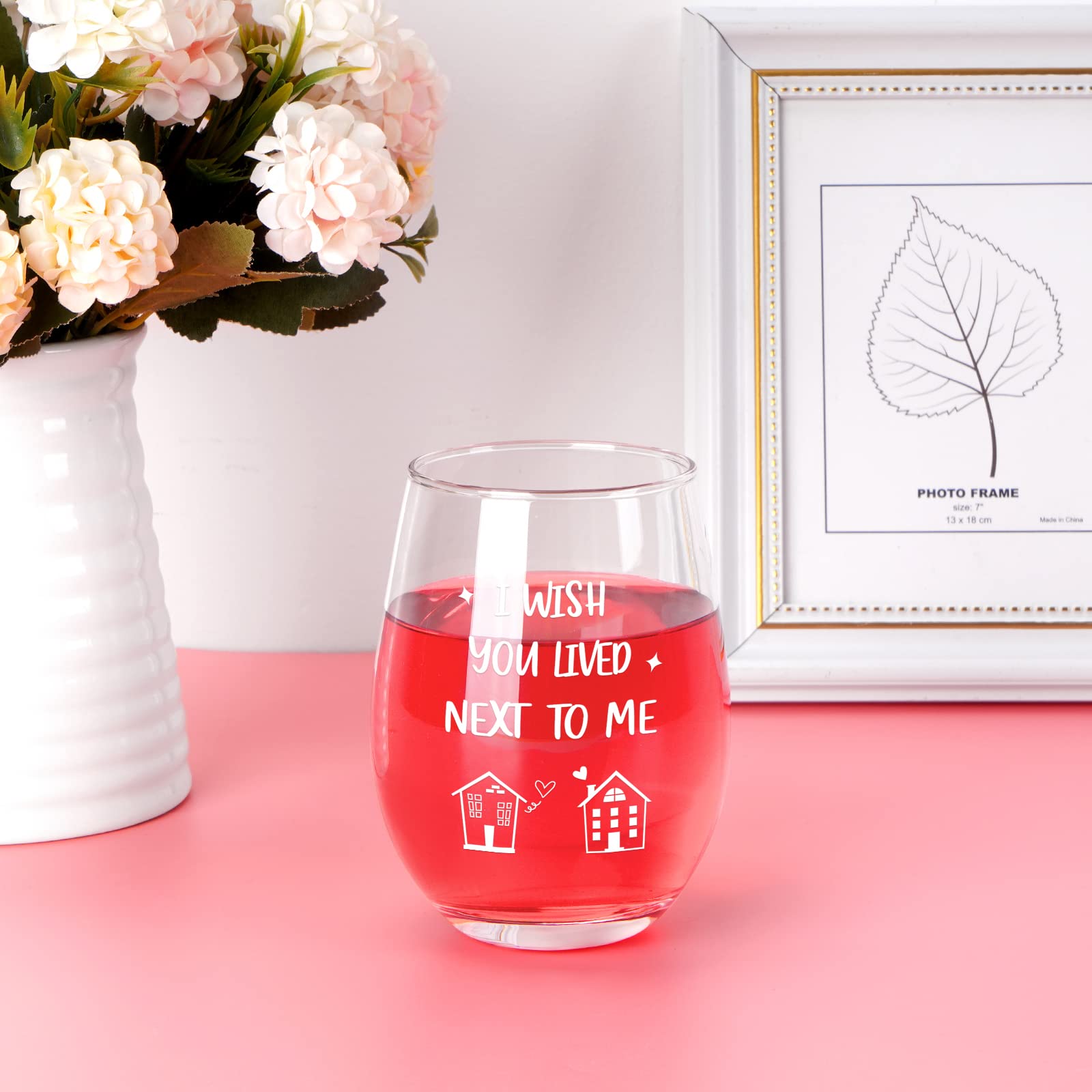 Modwnfy Friendship Gifts for Women Friends, I Wish You Lived Next To Me Stemless Wine Glass Gifts for Friend Best Friend Bestie Sisters, Long Distance Friendship Gifts for Birthday Christmas 17 Oz